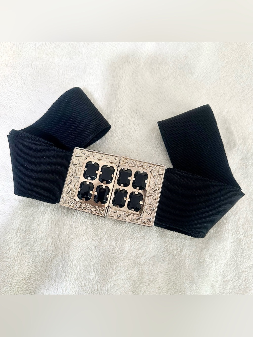 Vintage 80s Black Waist Cinch Belt Jeweled Interlocking Buckle Retro 34 Inch